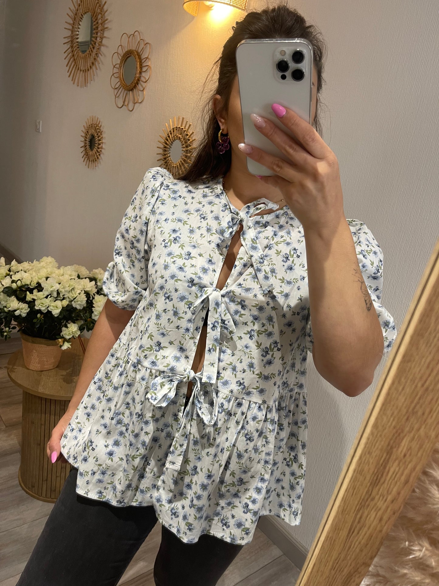 Blouse à noeuds - Fleurie bleue et verte